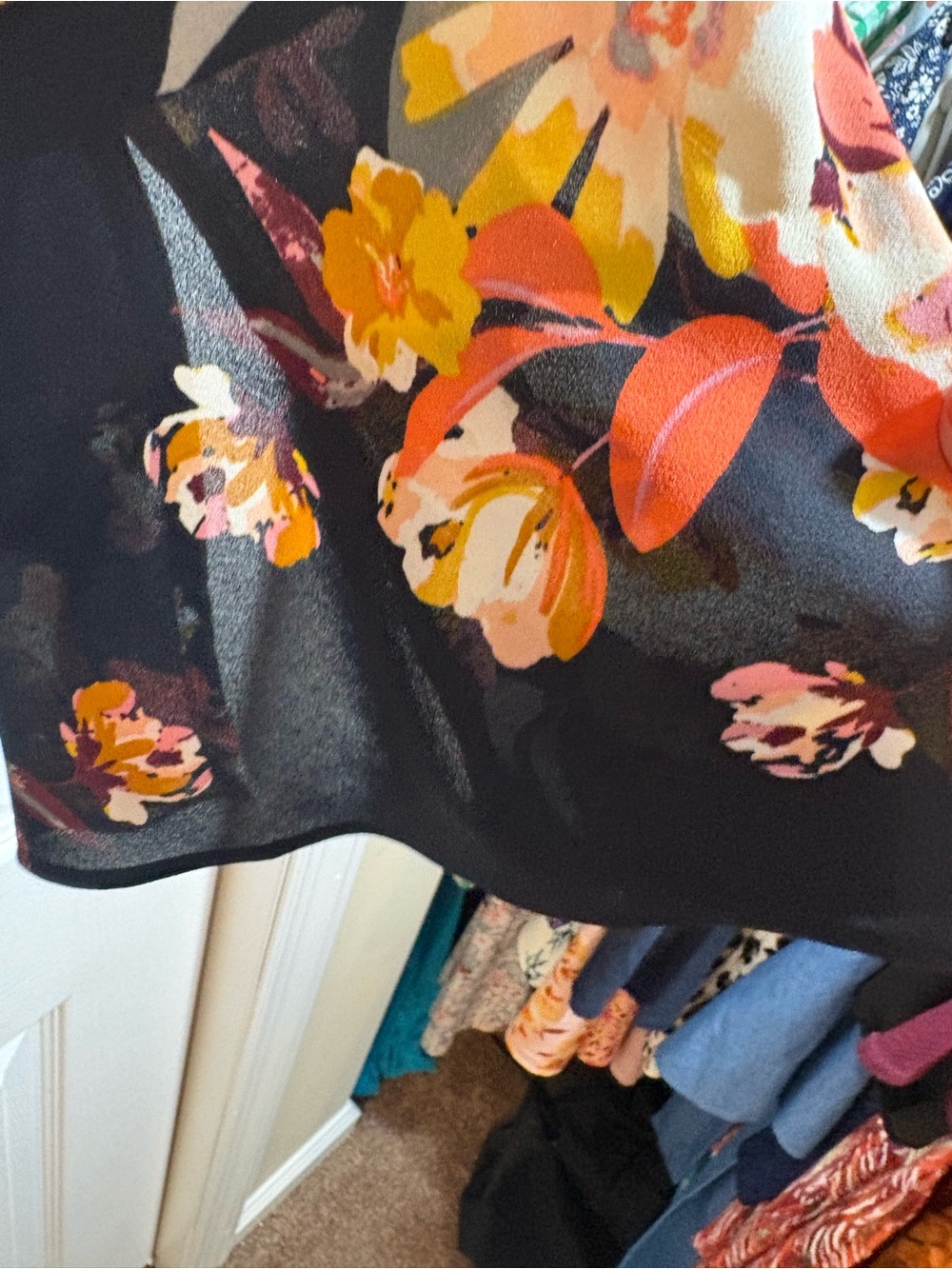 Rose & Olive Navy Floral Lace-Up V-Neck Blouse Boho Office Chic - Picture 4 of 5